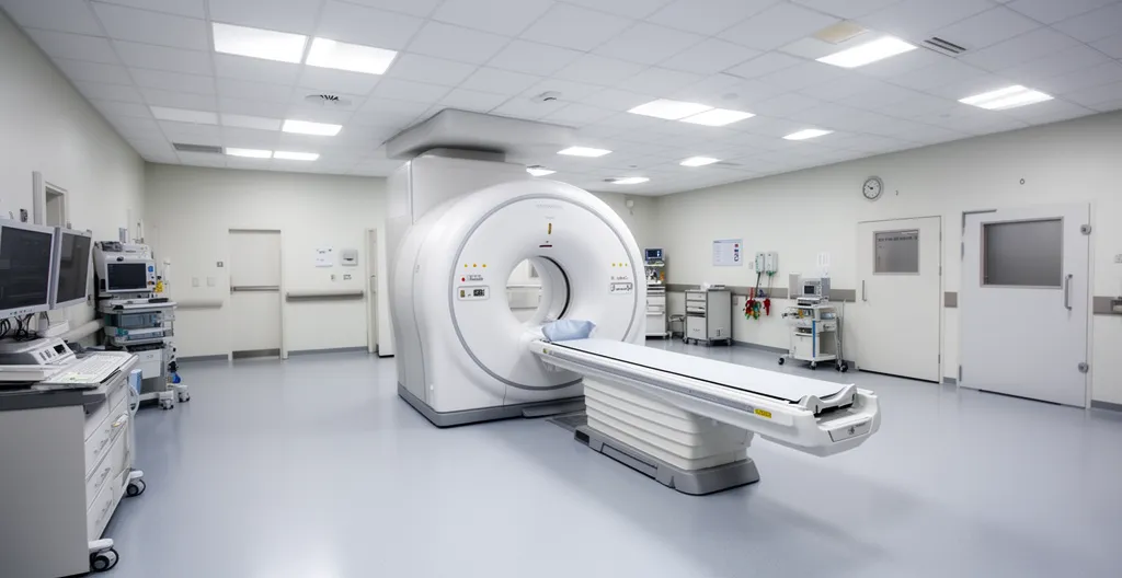 Appareil IRM tunnel blanc dans une salle d'imagerie hospitalière