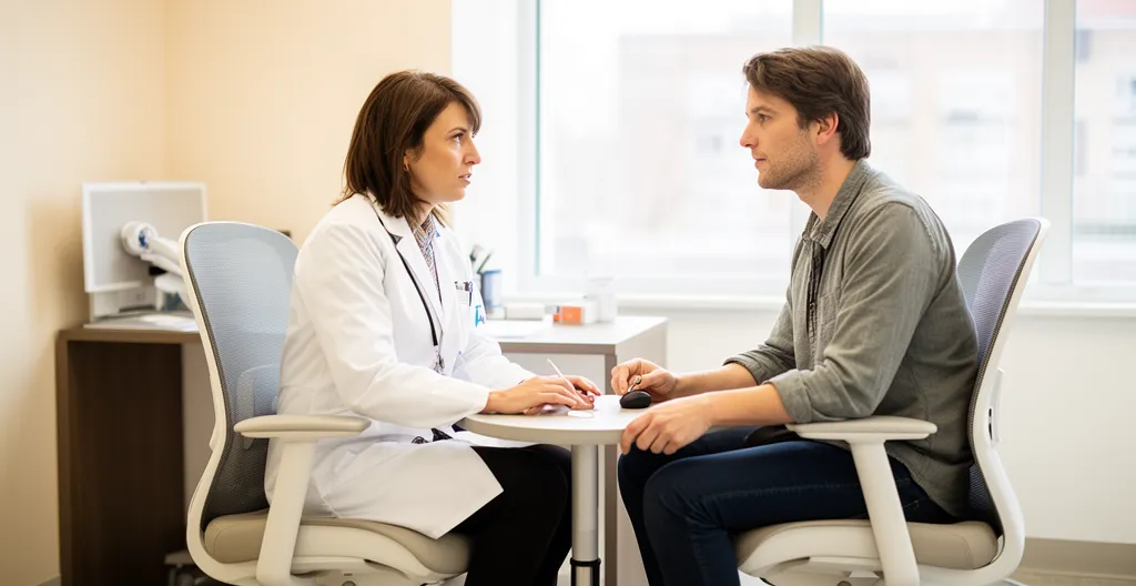 Neurologue et patient en consultation dans un cabinet médical lumineux