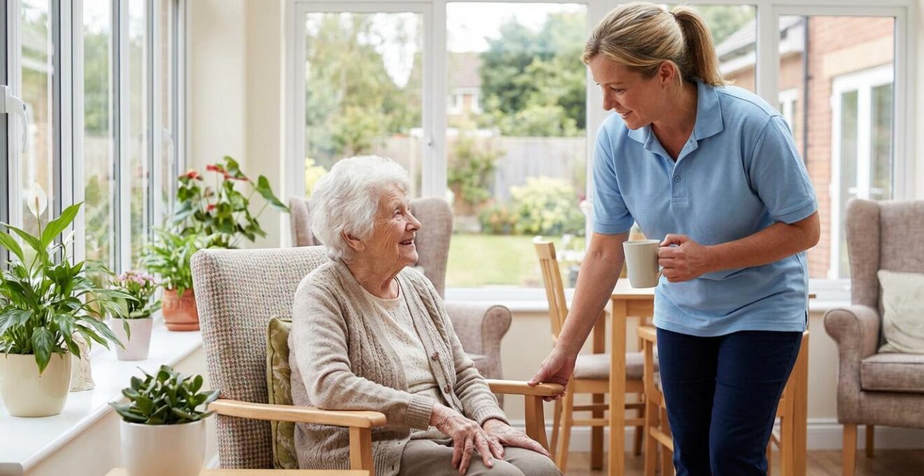Personne âgée assise dans un fauteuil conversant avec un soignant dans un espace de vie lumineux