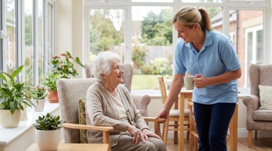 Personne âgée assise dans un fauteuil conversant avec un soignant dans un espace de vie lumineux