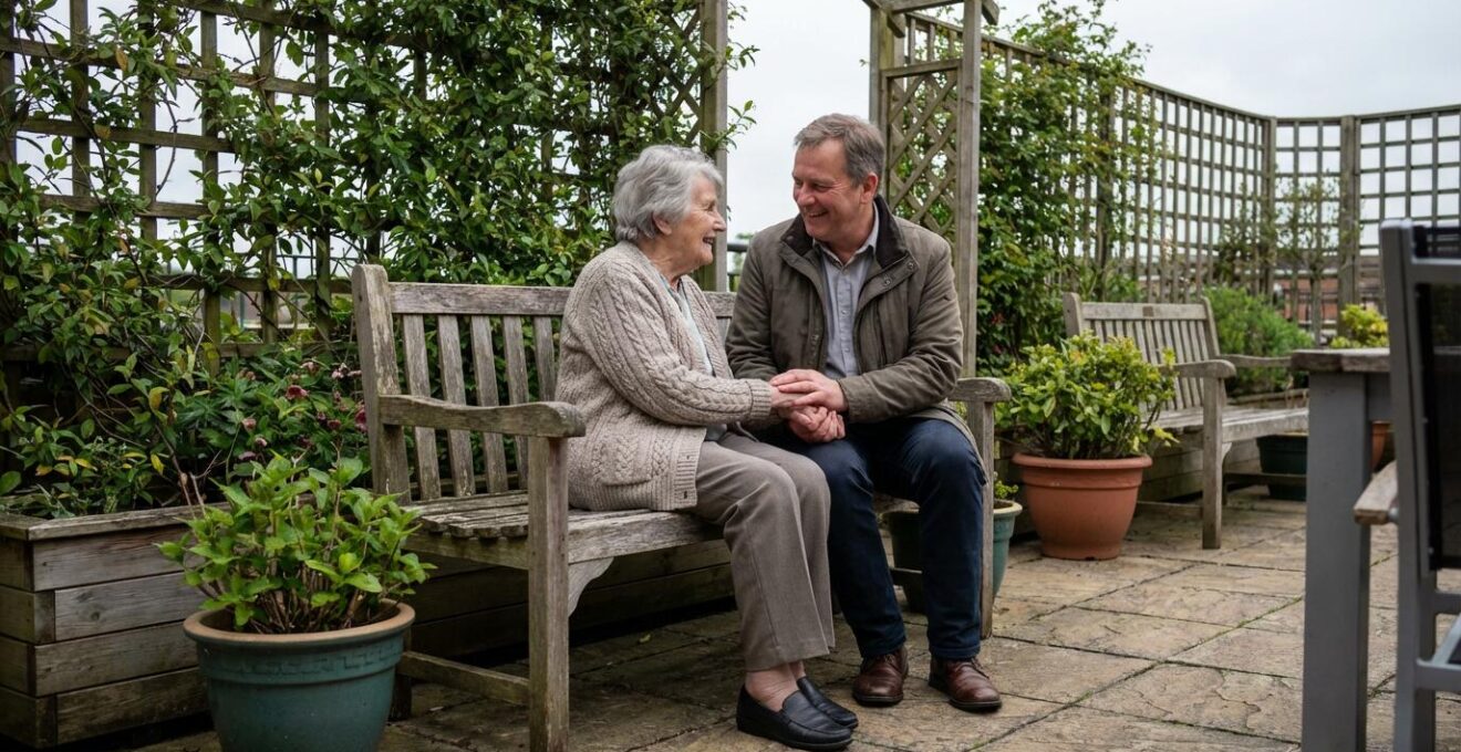 Personne âgée et proche adulte assis ensemble dans le jardin d'un EHPAD