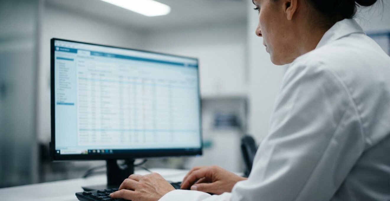 Professionnel de santé consultant un écran avec données médicales dans un bureau