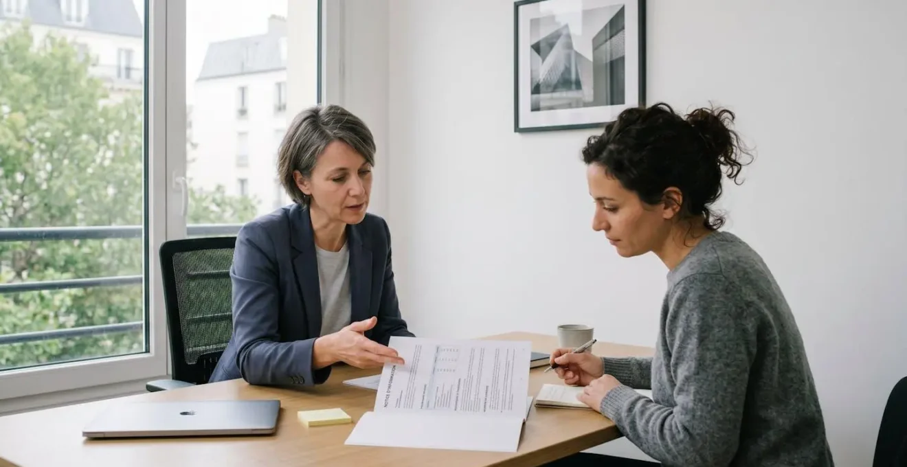 Conseiller RH français présentant une notice d'information de prévoyance collective à un salarié lors d'un entretien professionnel dans un bureau contemporain