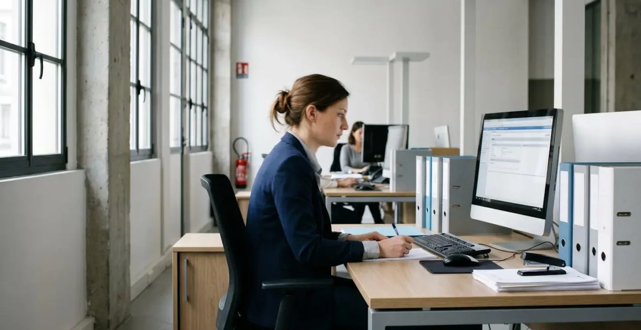 Espace de travail contemporain épuré dans les bureaux d'une institution de protection sociale française