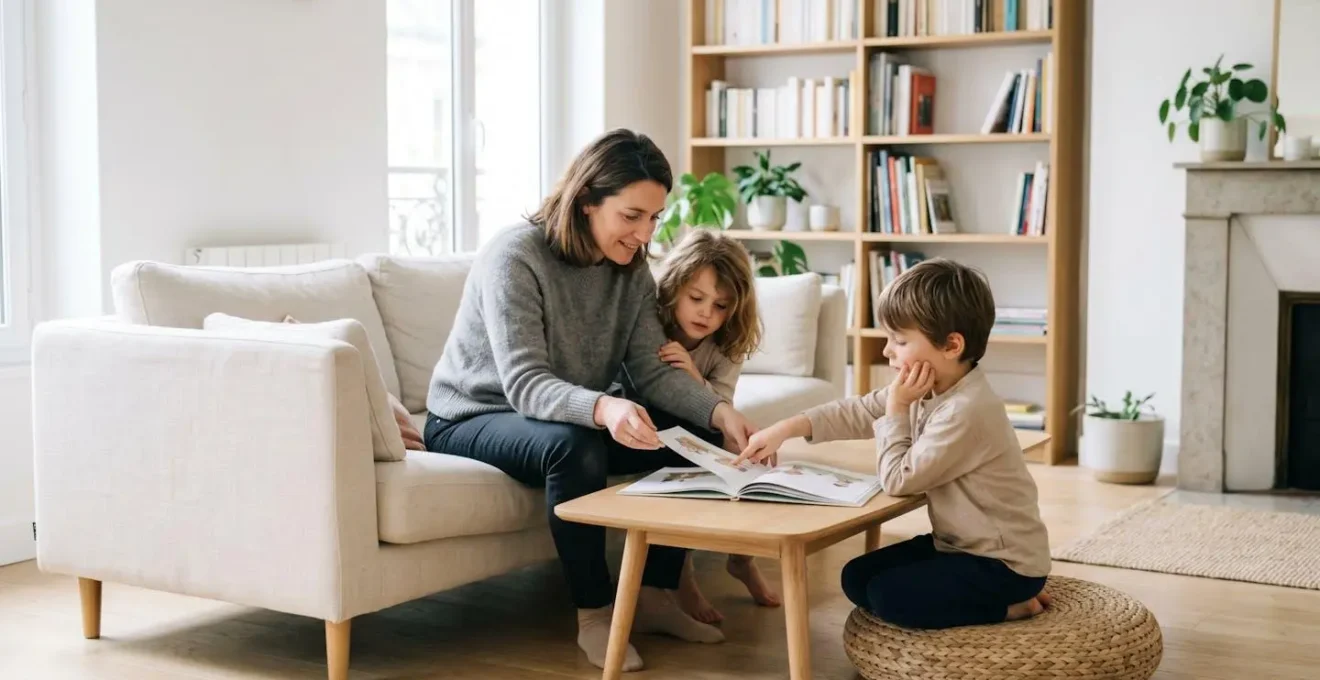Parent français et deux enfants partageant un moment calme de lecture dans un salon contemporain lumineux